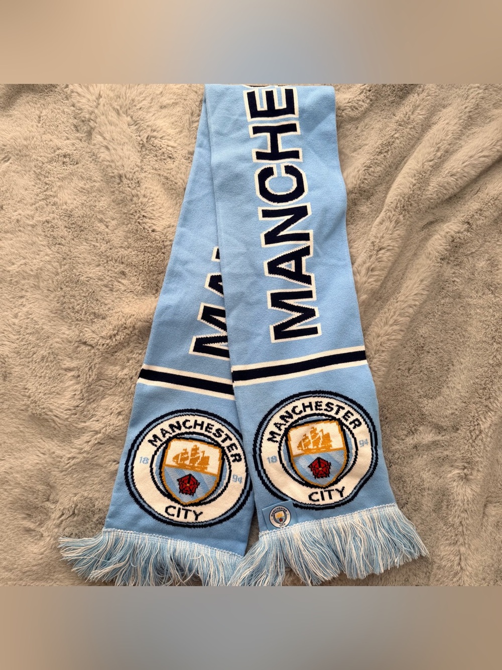 Official Manchester City FC Bar Scarf Sky Blue White Fringed Soccer Football